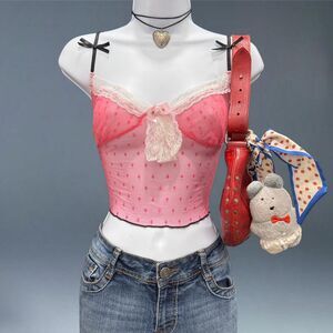 Pink Mesh Lace Cami Bow Detail Lingerie Top Goth Coquette Y2K